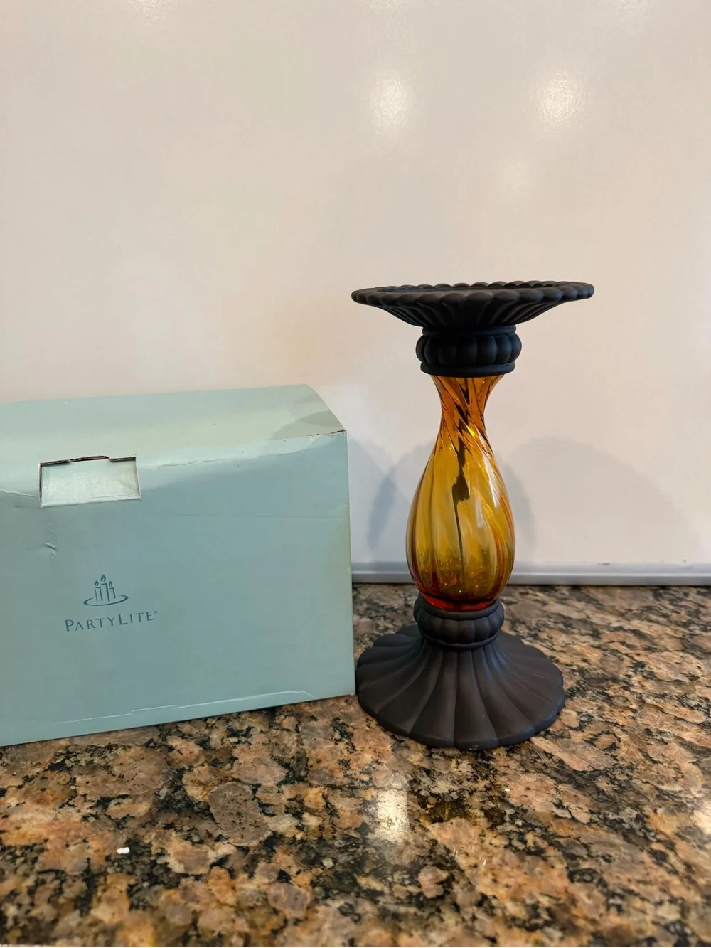 PartyLite Amber Glass Candle Stand with Matte Black Metal Base